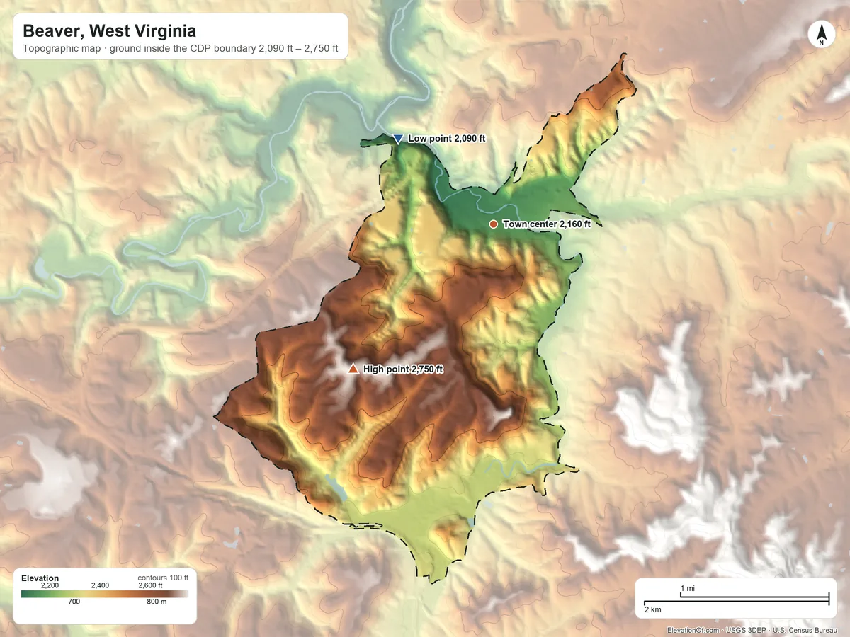 Topographic elevation map of Beaver, West Virginia, shaded from 2,090 ft on the northwest side to 2,750 ft on the southwest side
