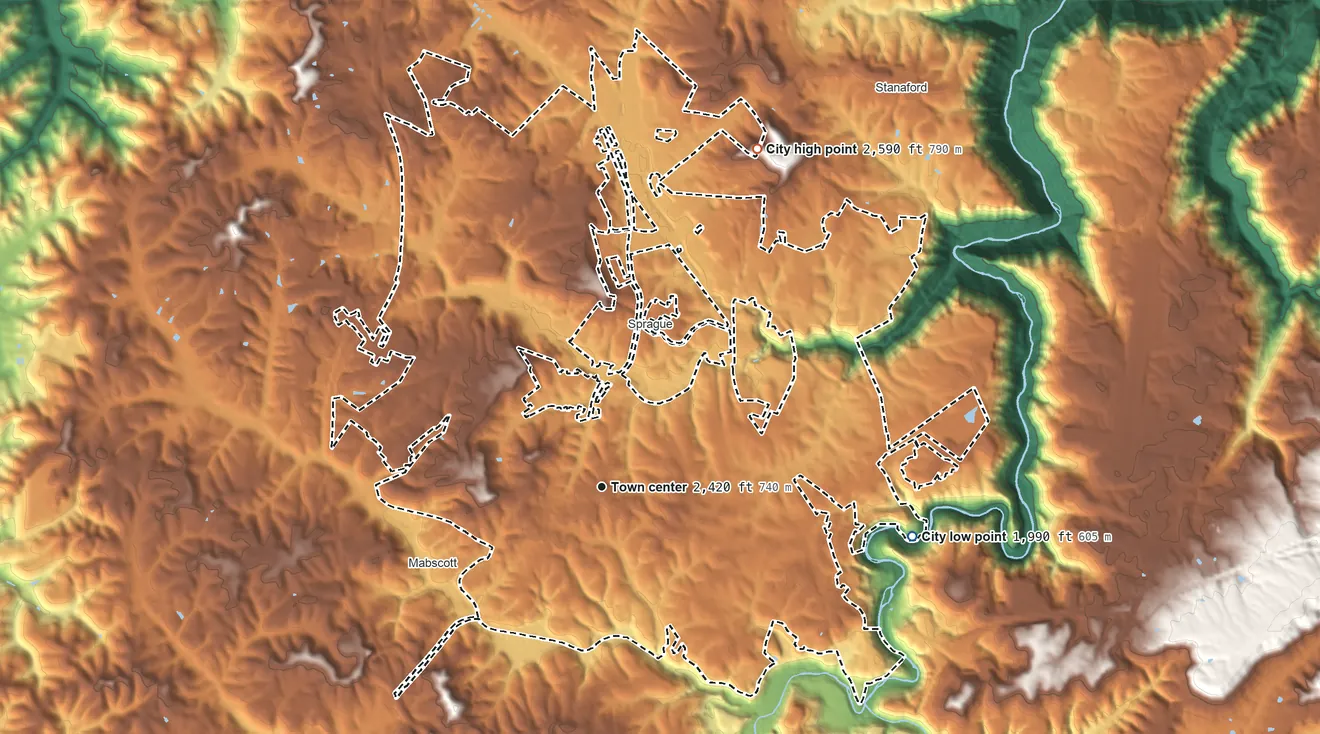 Topographic elevation map of Beckley, West Virginia, shaded from 1,990 ft on the east side to 2,590 ft on the northeast side