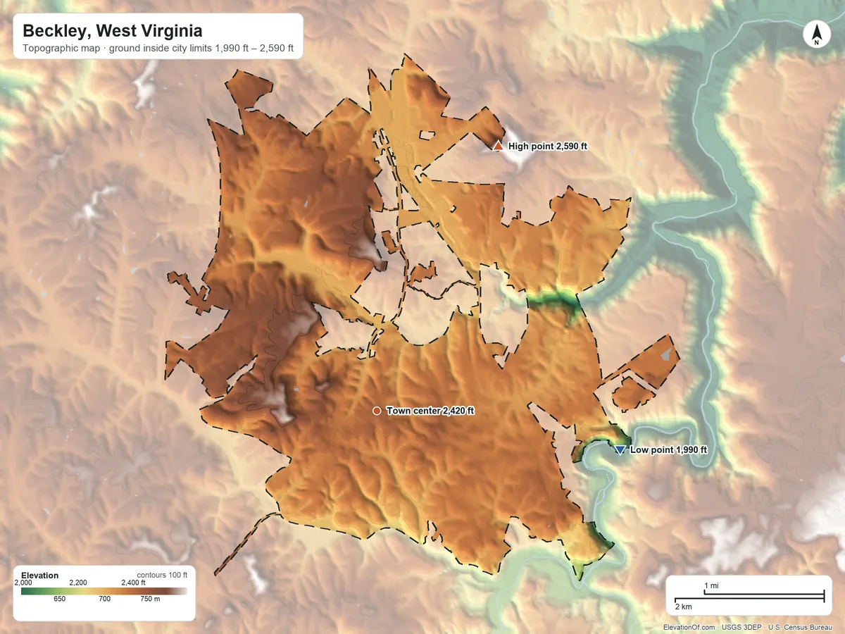 Topographic elevation map of Beckley, West Virginia, shaded from 1,990 ft on the east side to 2,590 ft on the northeast side