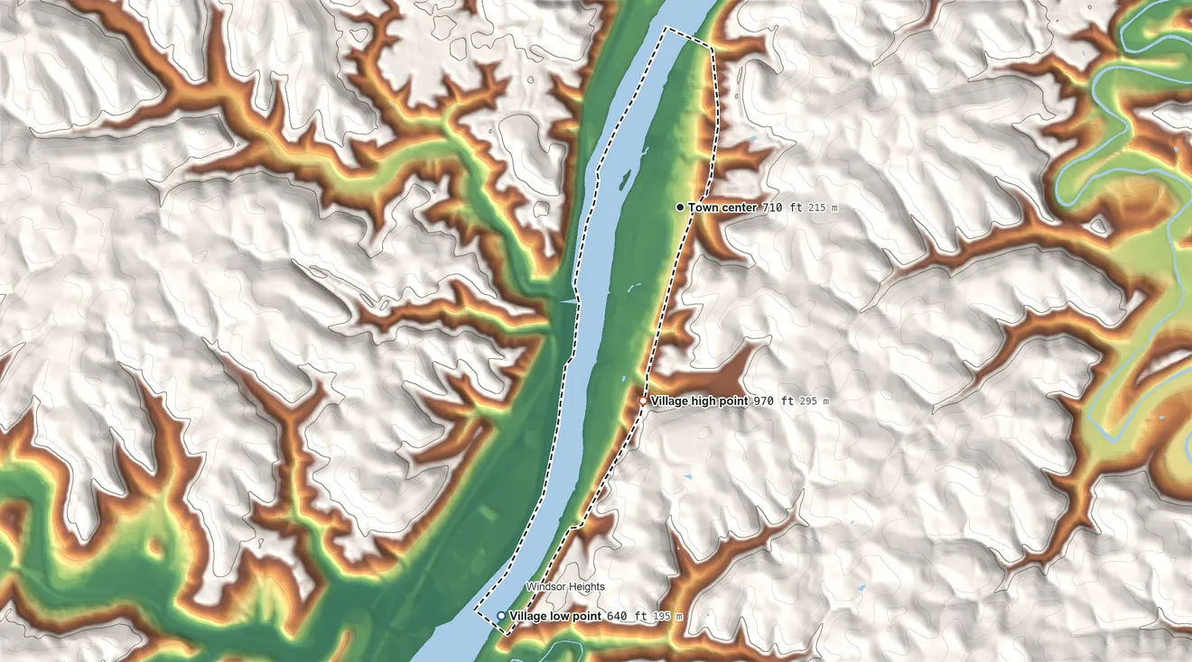 Topographic elevation map of Beech Bottom, West Virginia, shaded from 640 ft on the southwest side to 970 ft on the south side