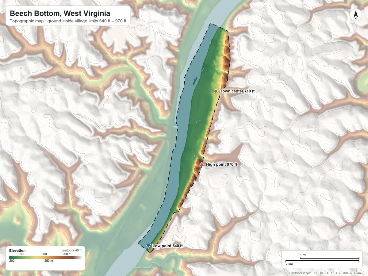 Topographic elevation map of Beech Bottom, West Virginia, shaded from 640 ft on the southwest side to 970 ft on the south side