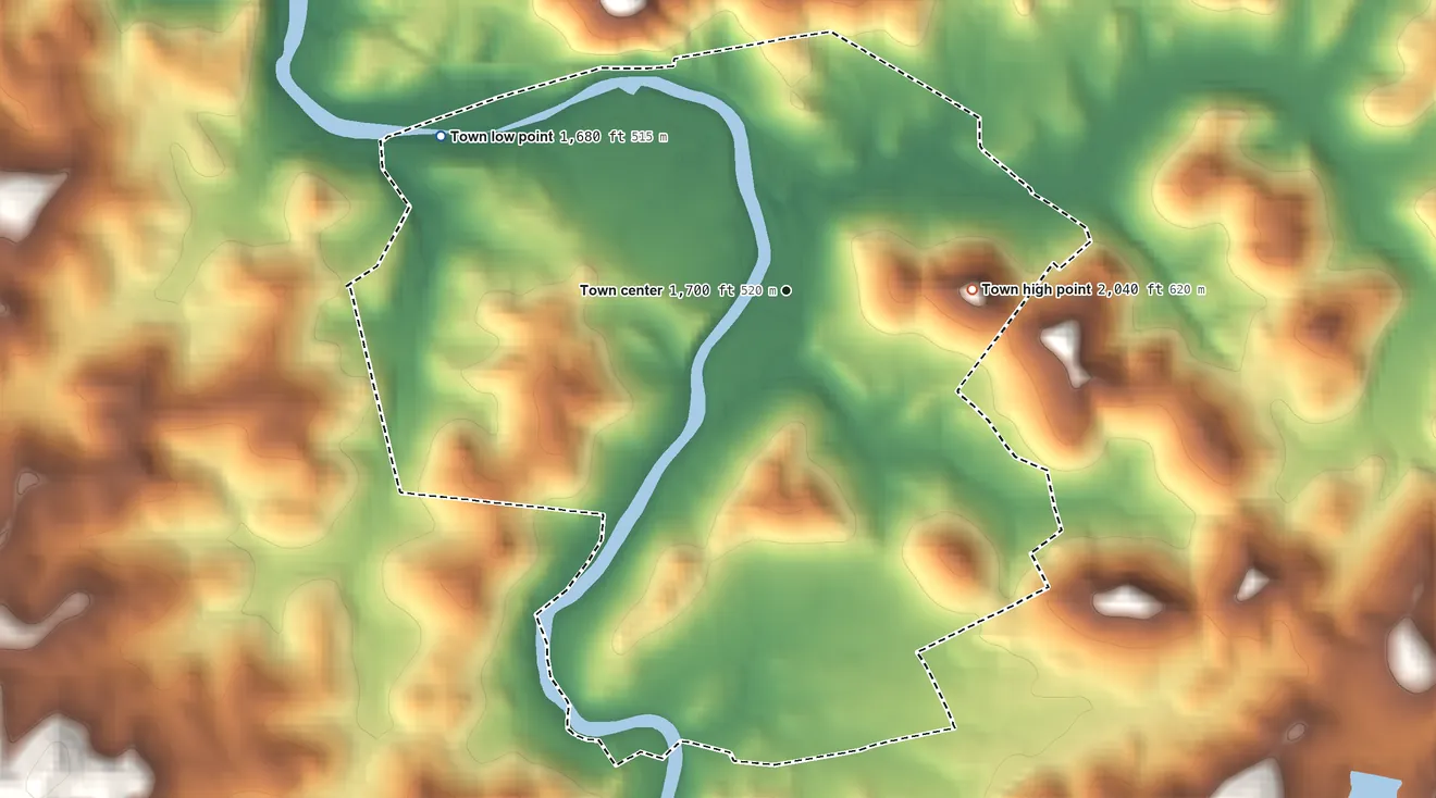 Topographic elevation map of Belington, West Virginia, shaded from 1,680 ft on the northwest side to 2,040 ft on the east side