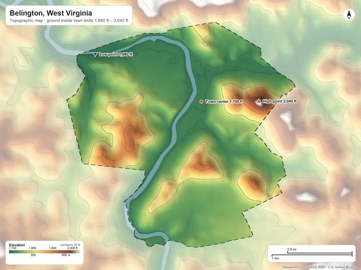 Topographic elevation map of Belington, West Virginia, shaded from 1,680 ft on the northwest side to 2,040 ft on the east side