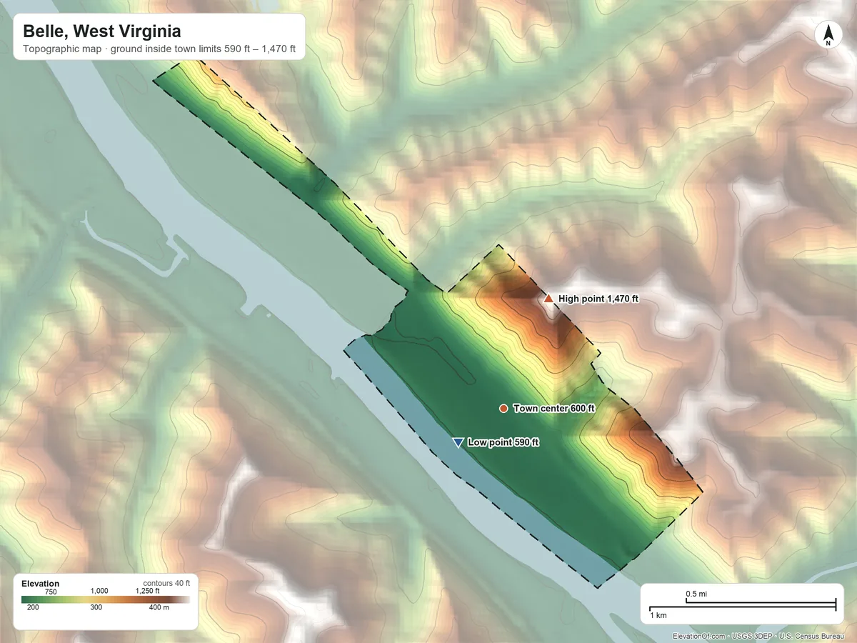 Topographic elevation map of Belle, West Virginia, shaded from 590 ft near the middle to 1,470 ft on the north side