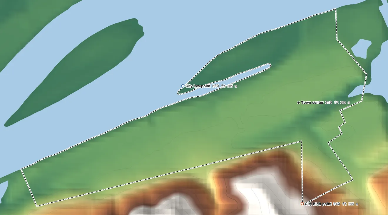 Topographic elevation map of Belmont, West Virginia, shaded from 600 ft on the west side to 840 ft on the south side