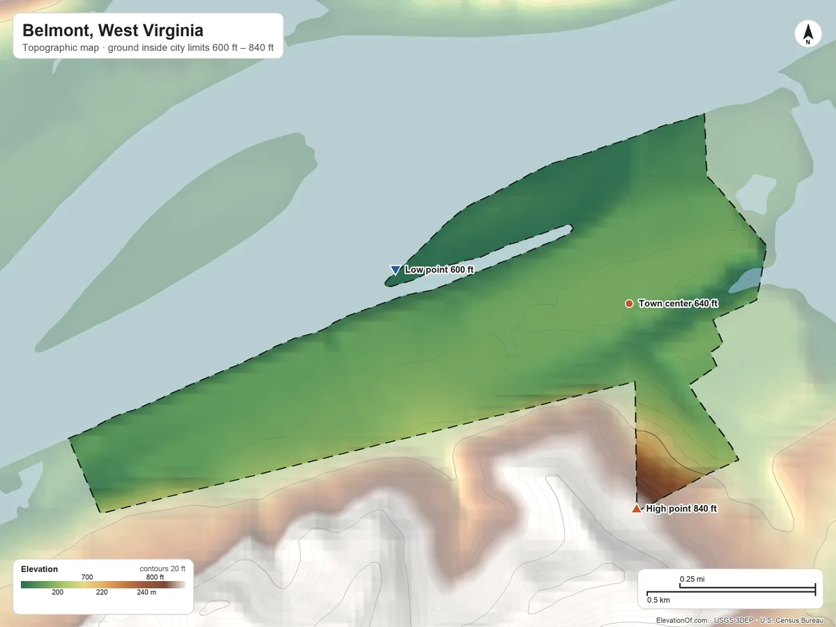 Topographic elevation map of Belmont, West Virginia, shaded from 600 ft on the west side to 840 ft on the south side