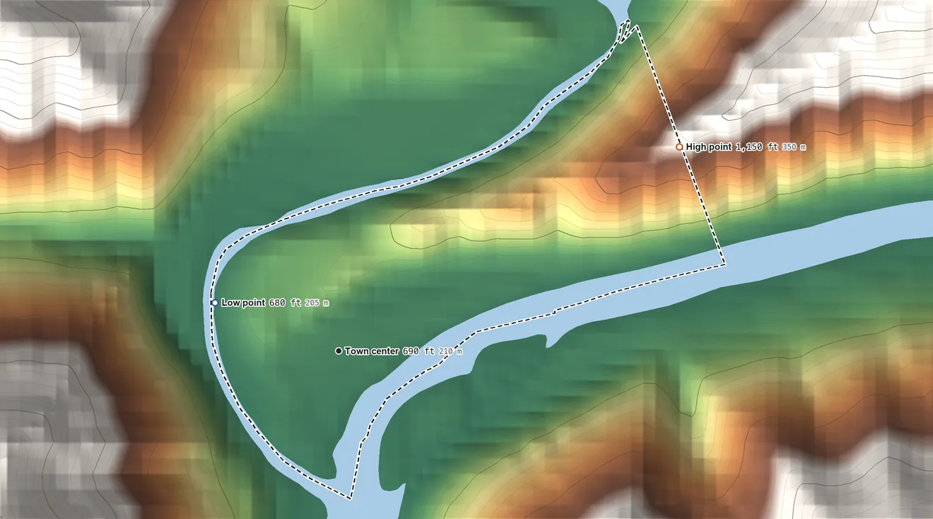 Topographic elevation map of Belva, West Virginia, shaded from 680 ft on the west side to 1,150 ft on the northeast edge, below higher ground just outside