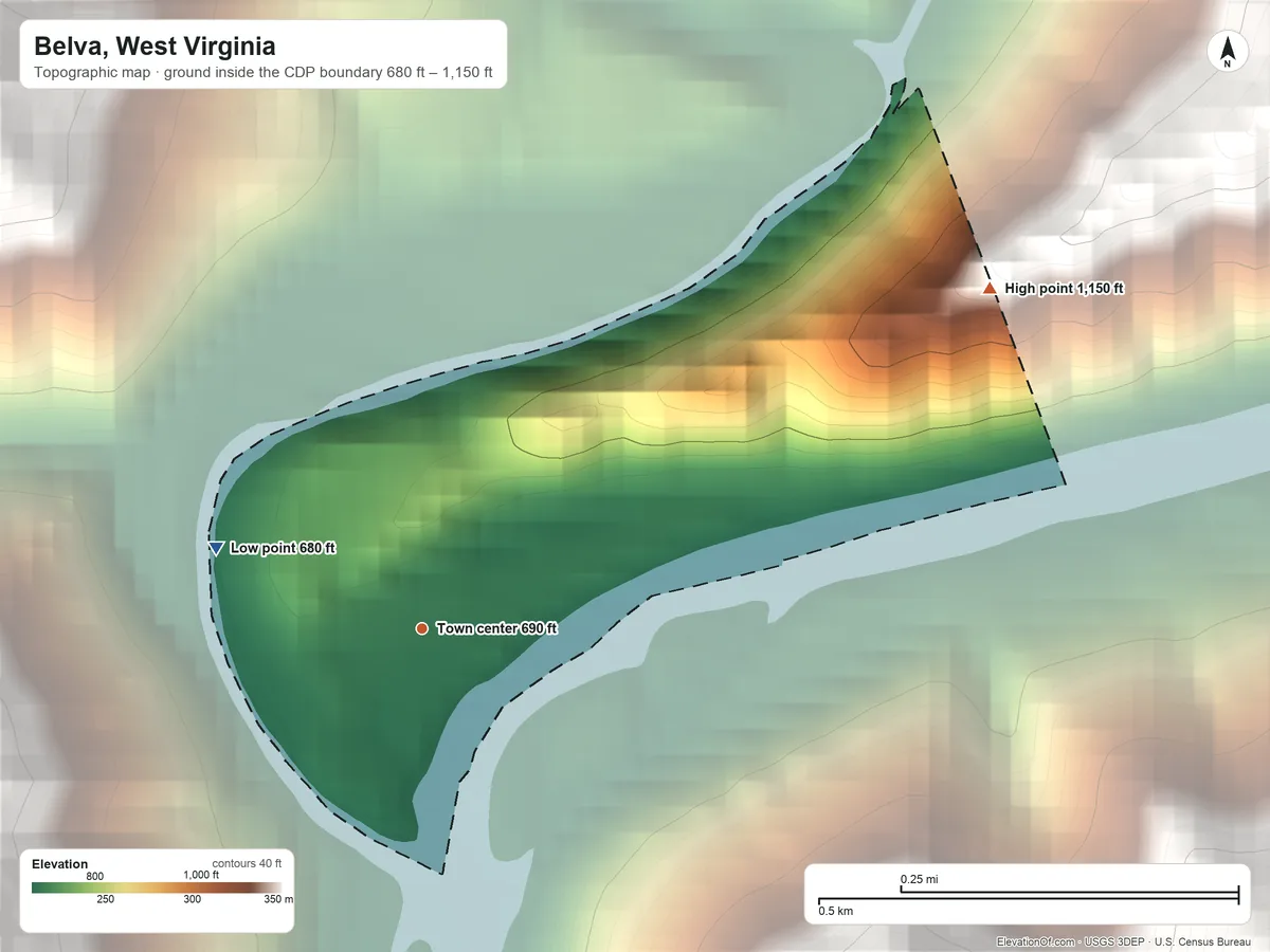 Topographic elevation map of Belva, West Virginia, shaded from 680 ft on the west side to 1,150 ft on the northeast edge, below higher ground just outside