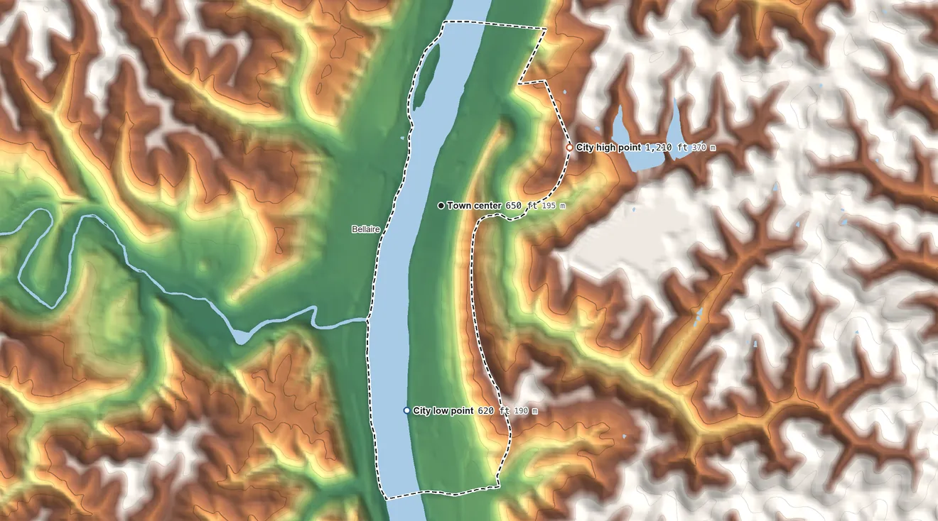 Topographic elevation map of Benwood, West Virginia, shaded from 620 ft on the south side to 1,210 ft on the northeast side
