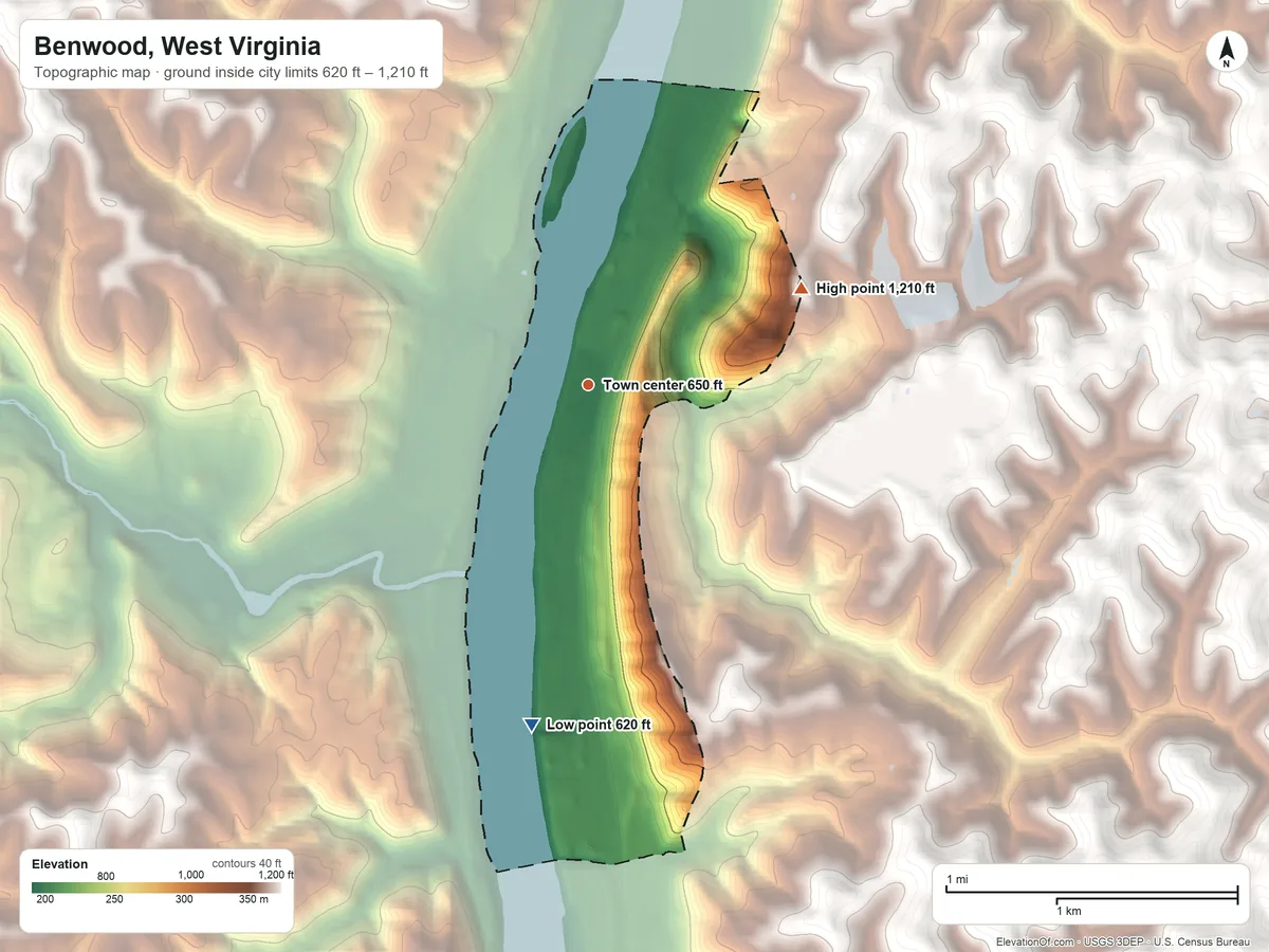 Topographic elevation map of Benwood, West Virginia, shaded from 620 ft on the south side to 1,210 ft on the northeast side