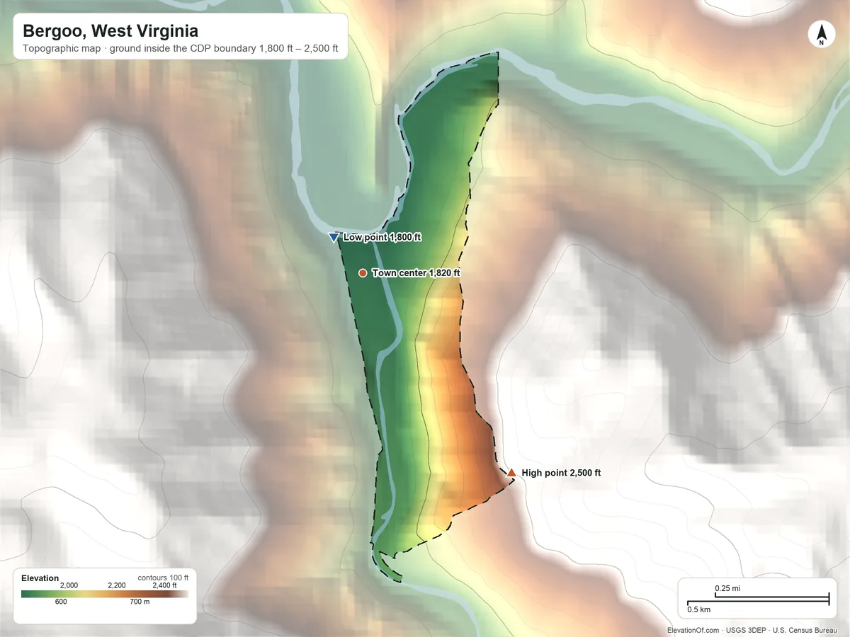 Topographic elevation map of Bergoo, West Virginia, shaded from 1,800 ft near the middle to 2,500 ft on the southeast edge, below higher ground just outside