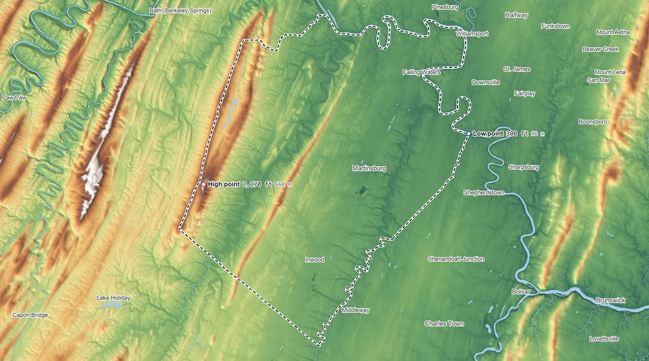 Topographic elevation map of Berkeley County, West Virginia, shaded from 300 ft on the east side to 2,170 ft on Third Hill Mountain