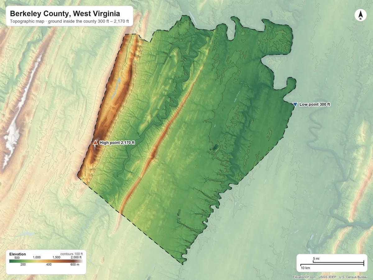 Topographic elevation map of Berkeley County, West Virginia, shaded from 300 ft on the east side to 2,170 ft on Third Hill Mountain