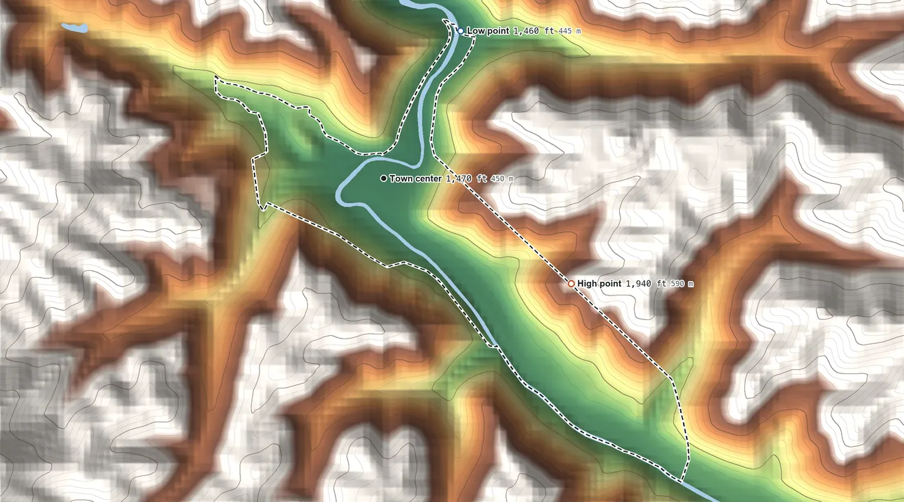 Topographic elevation map of Berwind, West Virginia, shaded from 1,460 ft on the northeast side to 1,940 ft on the southeast edge, below higher ground just outside