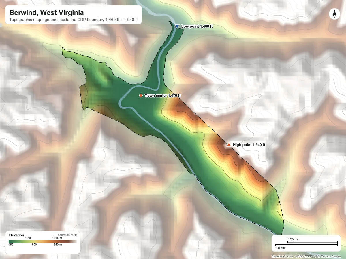 Topographic elevation map of Berwind, West Virginia, shaded from 1,460 ft on the northeast side to 1,940 ft on the southeast edge, below higher ground just outside