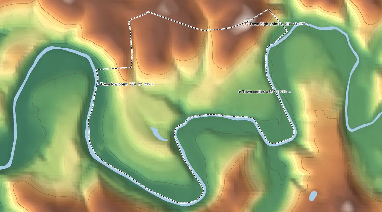 Topographic elevation map of Bethany, West Virginia, shaded from 770 ft on the west side to 1,210 ft on the north side