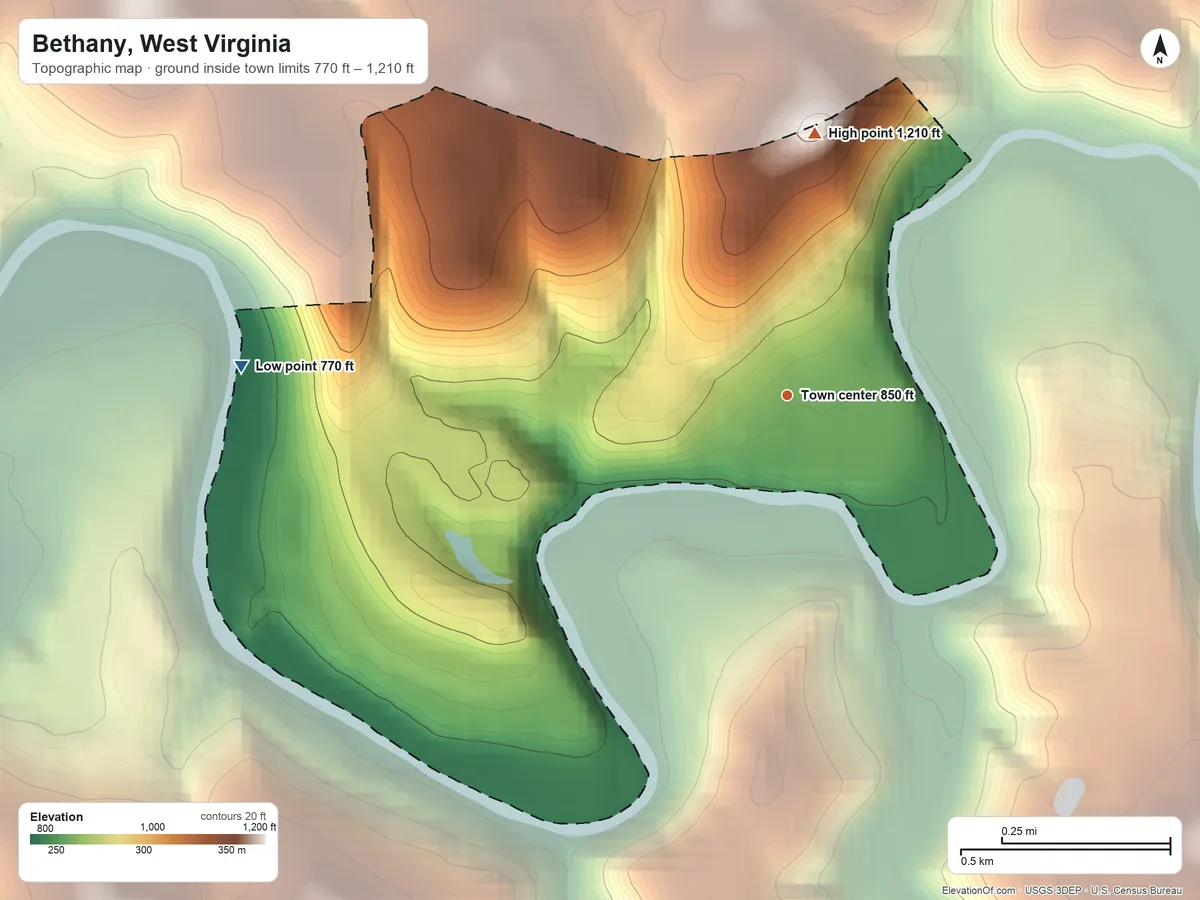 Topographic elevation map of Bethany, West Virginia, shaded from 770 ft on the west side to 1,210 ft on the north side