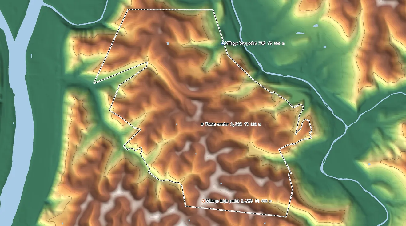 Topographic elevation map of Bethlehem, West Virginia, shaded from 730 ft on the north side to 1,320 ft on the south side