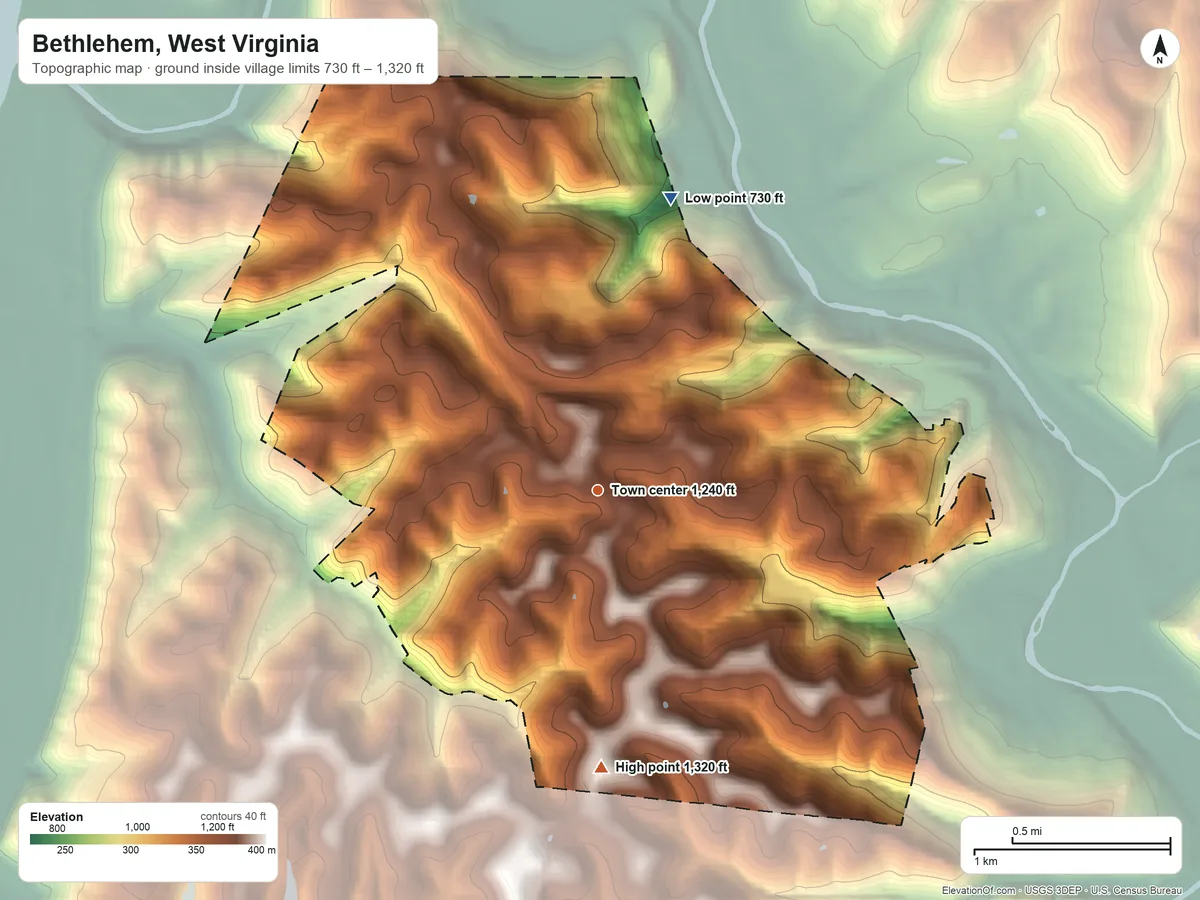 Topographic elevation map of Bethlehem, West Virginia, shaded from 730 ft on the north side to 1,320 ft on the south side