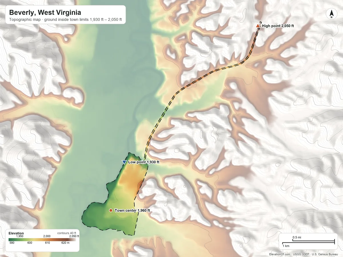 Topographic elevation map of Beverly, West Virginia, shaded from 1,930 ft on the north side to 2,050 ft on the northeast edge, below higher ground just outside