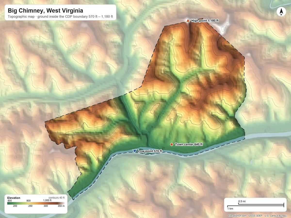 Topographic elevation map of Big Chimney, West Virginia, shaded from 570 ft on the west side to 1,180 ft on the north side