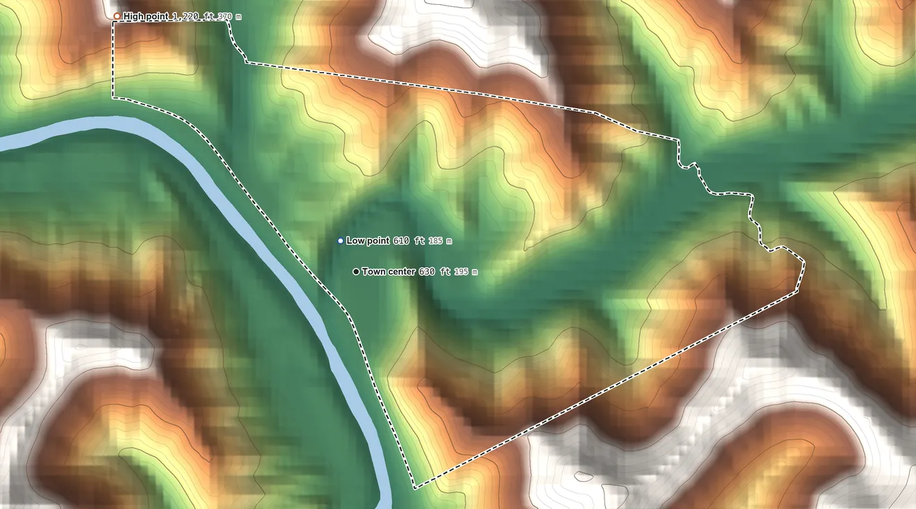 Topographic elevation map of Big Creek, West Virginia, shaded from 610 ft near the middle to 1,220 ft on the northwest side