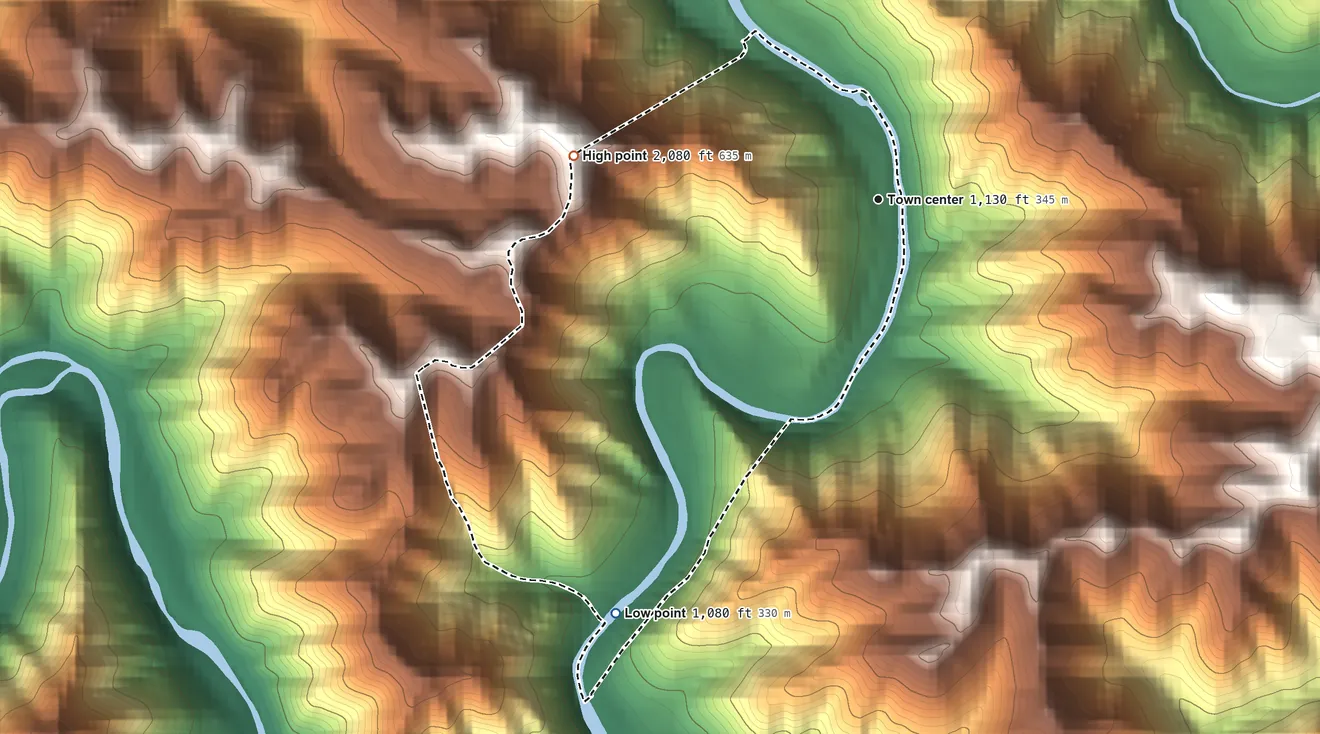 Topographic elevation map of Big Sandy, West Virginia, shaded from 1,080 ft on the southwest side to 2,080 ft on the west side