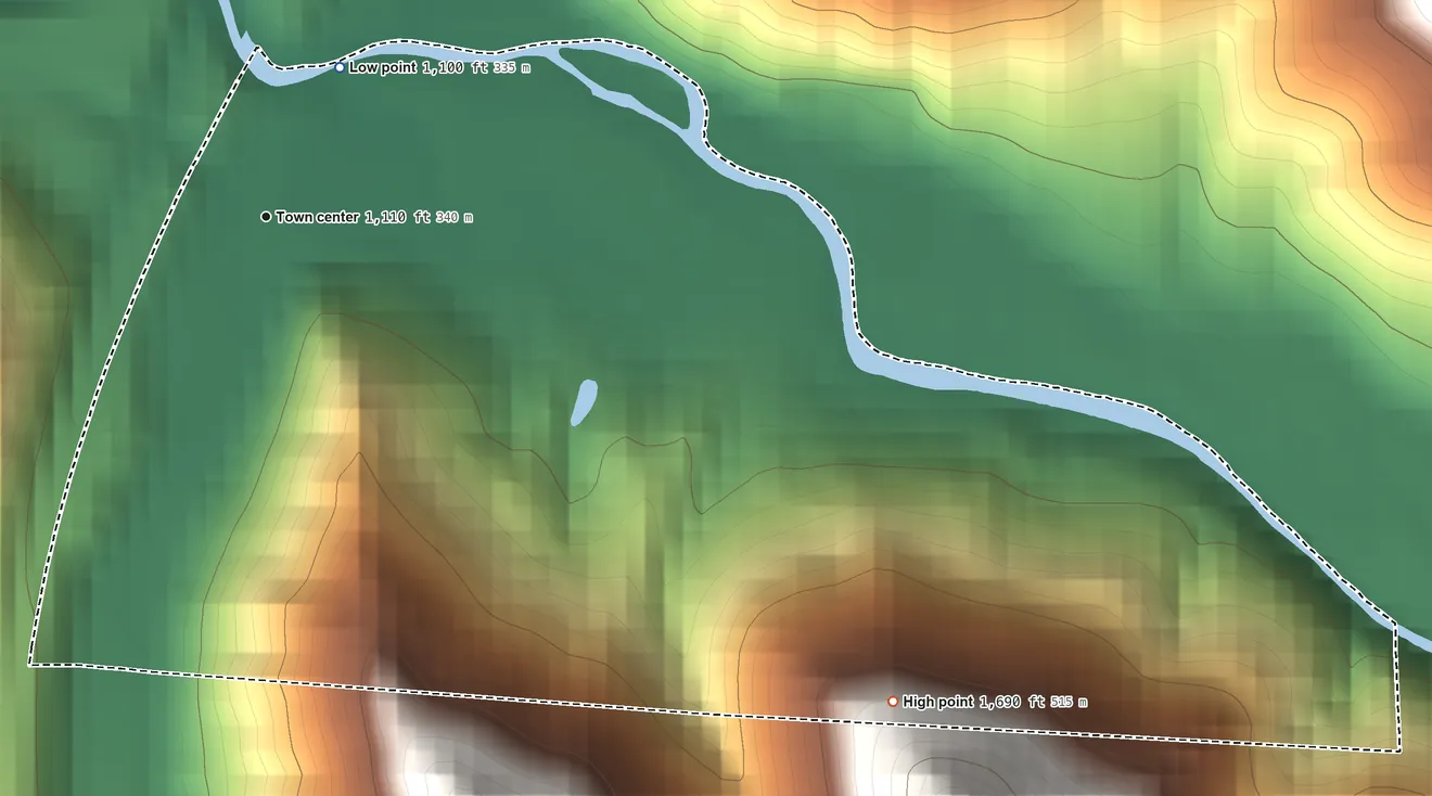 Topographic elevation map of Birch River, West Virginia, shaded from 1,100 ft on the northeast side to 1,690 ft on the southeast edge, below higher ground just outside