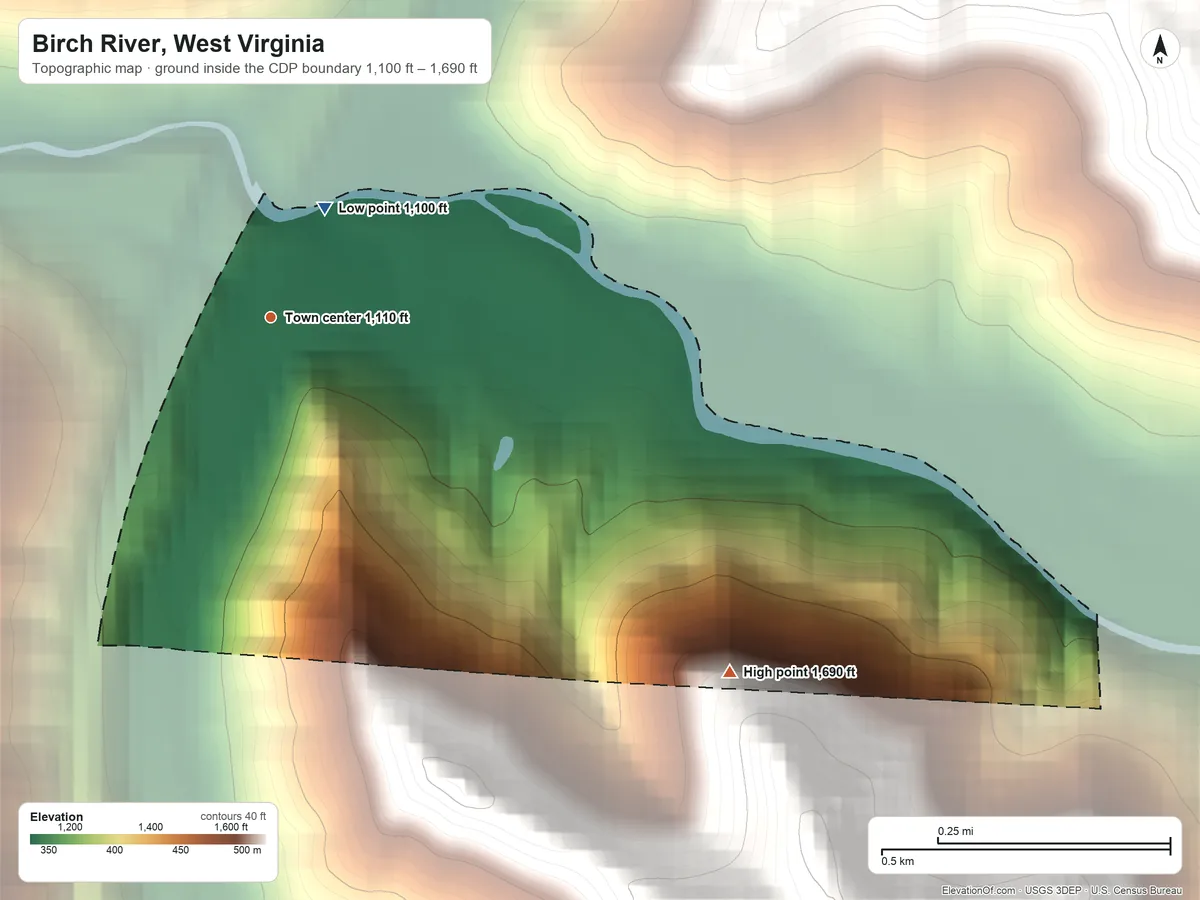 Topographic elevation map of Birch River, West Virginia, shaded from 1,100 ft on the northeast side to 1,690 ft on the southeast edge, below higher ground just outside