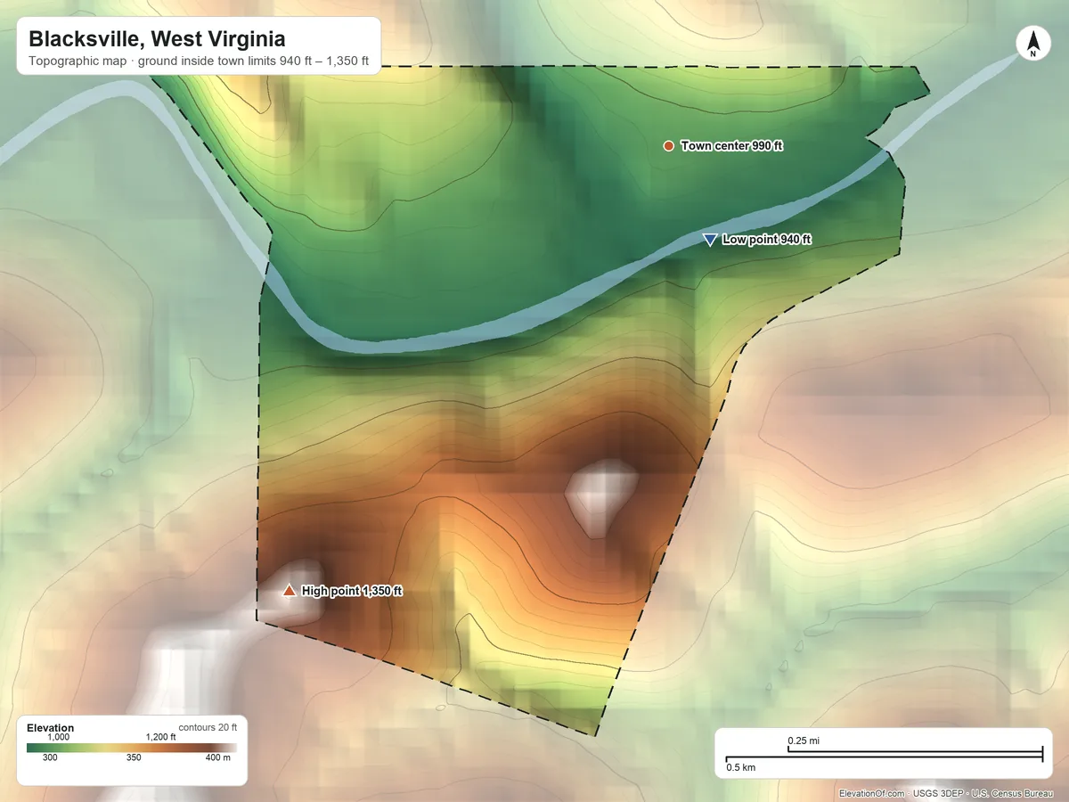 Topographic elevation map of Blacksville, West Virginia, shaded from 940 ft near the middle to 1,350 ft on the southwest side