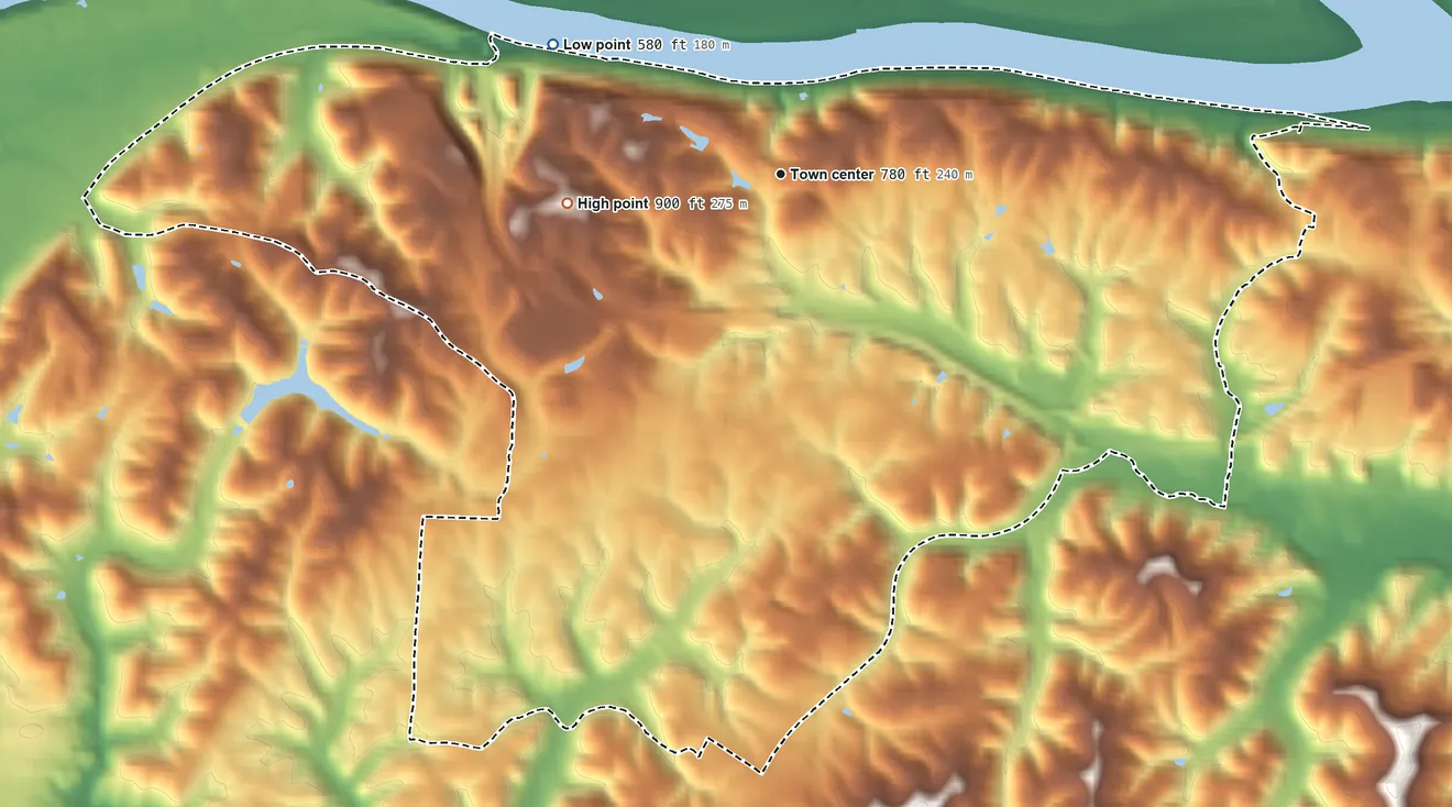 Topographic elevation map of Blennerhassett, West Virginia, shaded from 580 ft on the northwest side to 900 ft on the west side