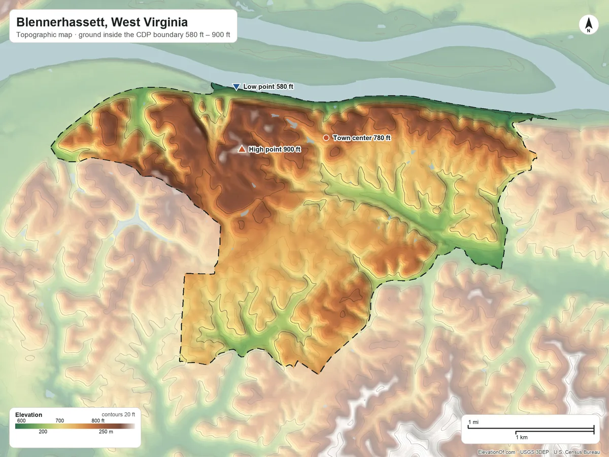 Topographic elevation map of Blennerhassett, West Virginia, shaded from 580 ft on the northwest side to 900 ft on the west side