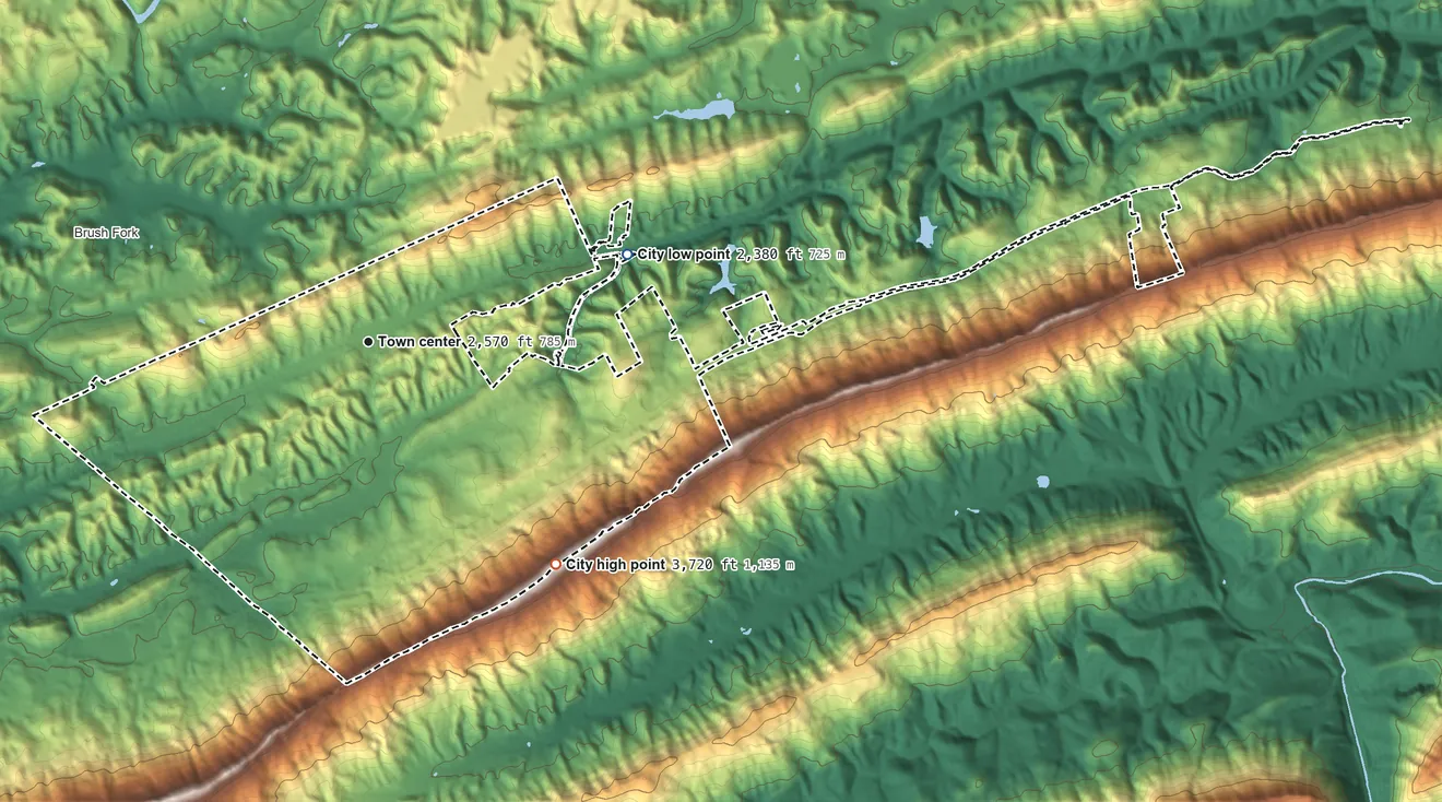 Topographic elevation map of Bluefield, West Virginia, shaded from 2,380 ft on the east side to 3,720 ft on the southeast side