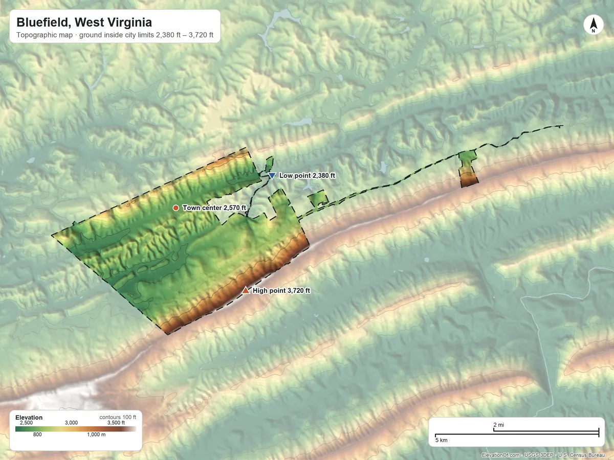 Topographic elevation map of Bluefield, West Virginia, shaded from 2,380 ft on the east side to 3,720 ft on the southeast side