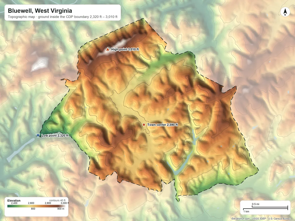 Topographic elevation map of Bluewell, West Virginia, shaded from 2,320 ft on the west side to 3,010 ft on the northwest side