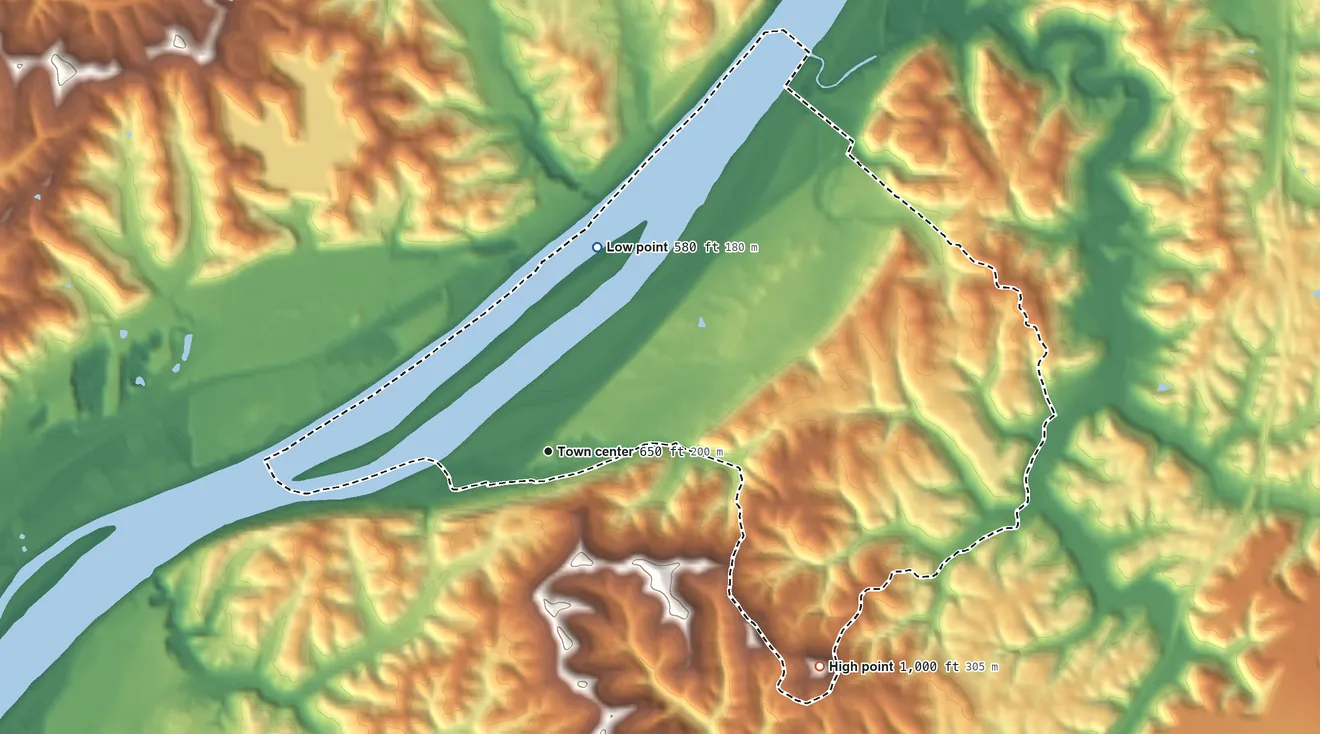 Topographic elevation map of Boaz, West Virginia, shaded from 580 ft on the north side to 1,000 ft on the southeast side
