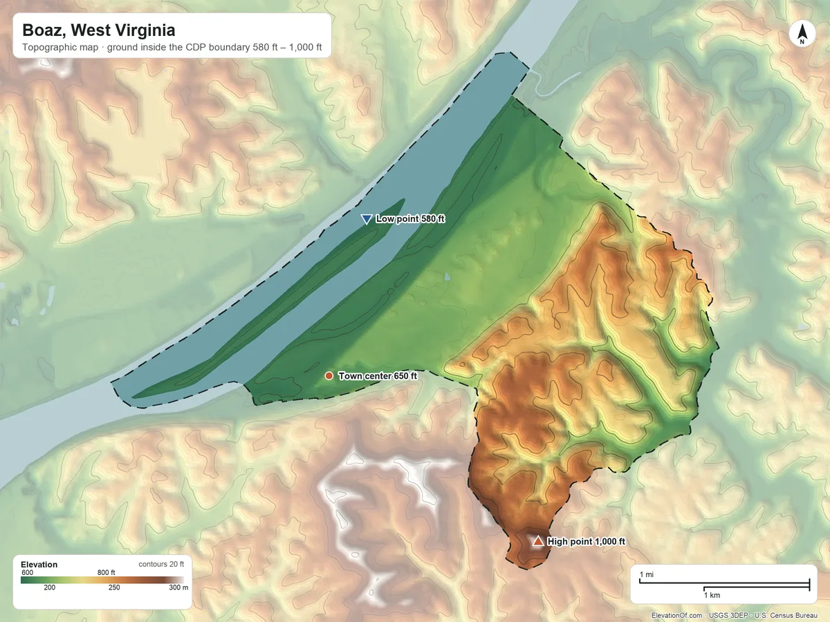 Topographic elevation map of Boaz, West Virginia, shaded from 580 ft on the north side to 1,000 ft on the southeast side