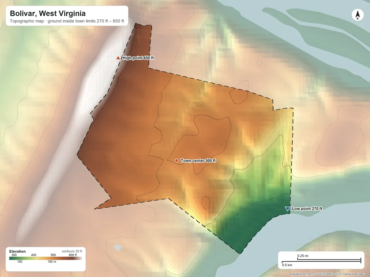Topographic elevation map of Bolivar, West Virginia, shaded from 270 ft on the southeast side to 650 ft on the northwest edge, below higher ground just outside