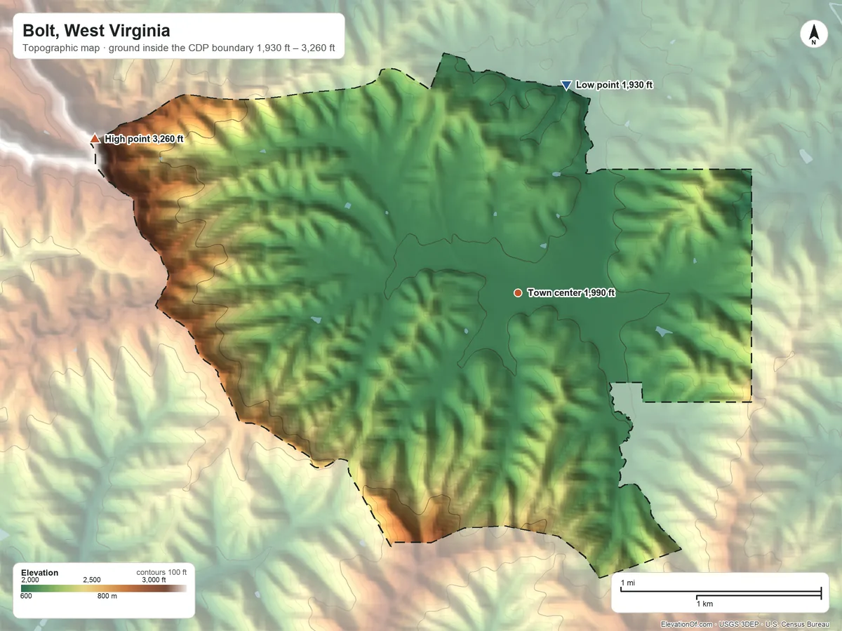Topographic elevation map of Bolt, West Virginia, shaded from 1,930 ft on the north side to 3,260 ft on the west side