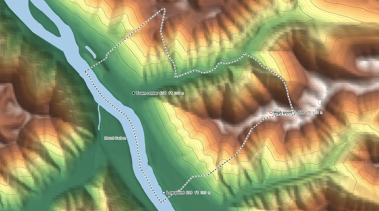 Topographic elevation map of Boomer, West Virginia, shaded from 610 ft on the south side to 2,000 ft on the east side