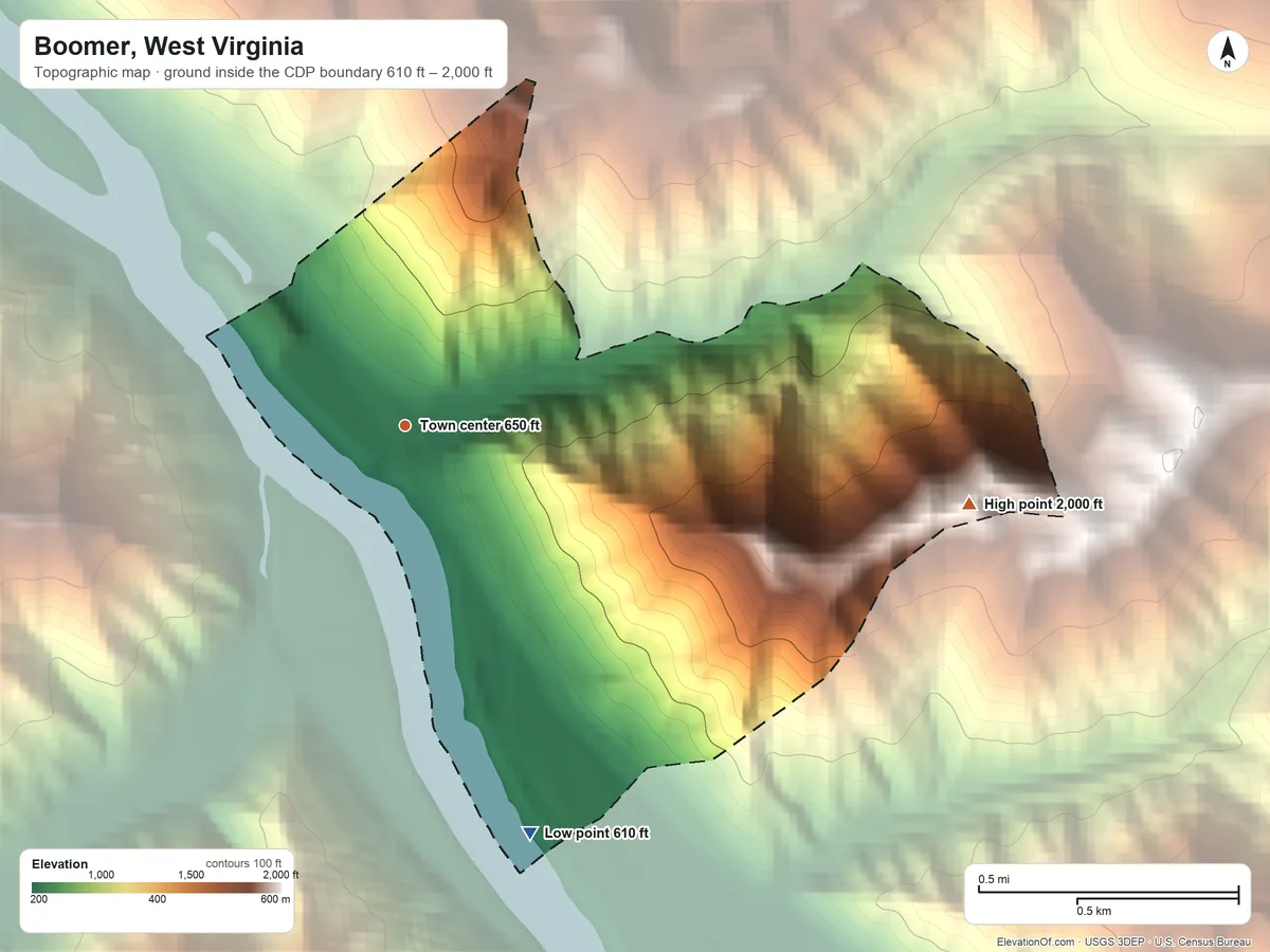 Topographic elevation map of Boomer, West Virginia, shaded from 610 ft on the south side to 2,000 ft on the east side