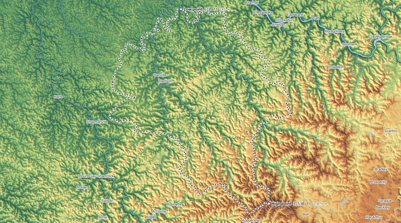 Topographic elevation map of Boone County, West Virginia, shaded from 610 ft on the north side to 3,530 ft on Pilot Knob