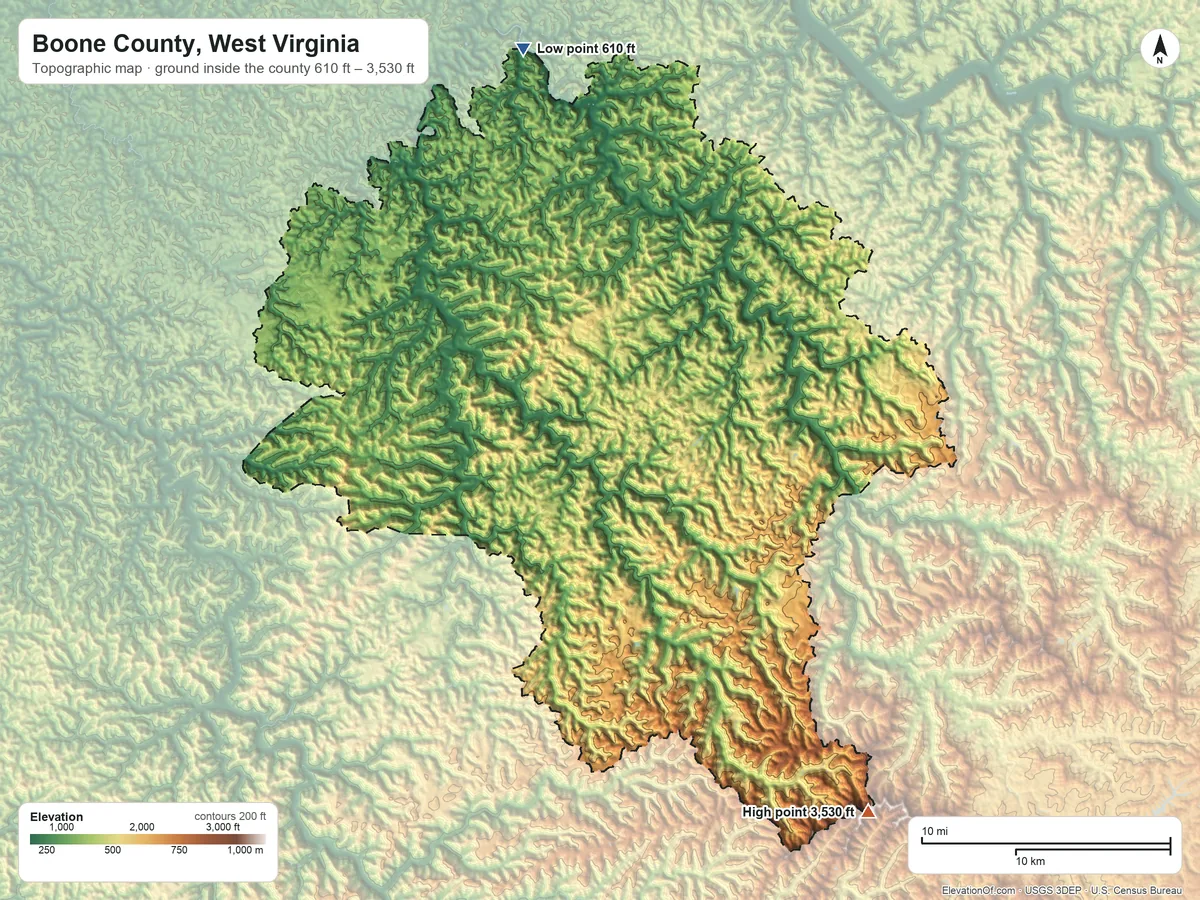 Topographic elevation map of Boone County, West Virginia, shaded from 610 ft on the north side to 3,530 ft on Pilot Knob