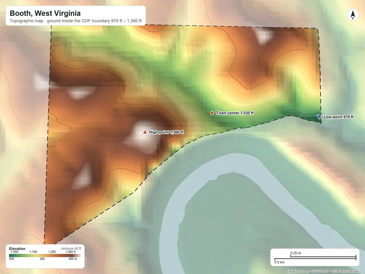 Topographic elevation map of Booth, West Virginia, shaded from 970 ft on the east side to 1,360 ft on the west side