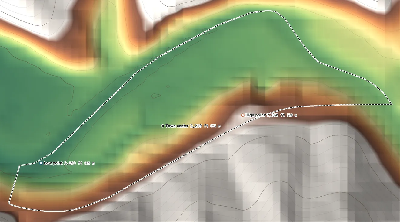 Topographic elevation map of Bowden, West Virginia, shaded from 2,190 ft on the west side to 2,360 ft at the foot of the Backbone Mountain