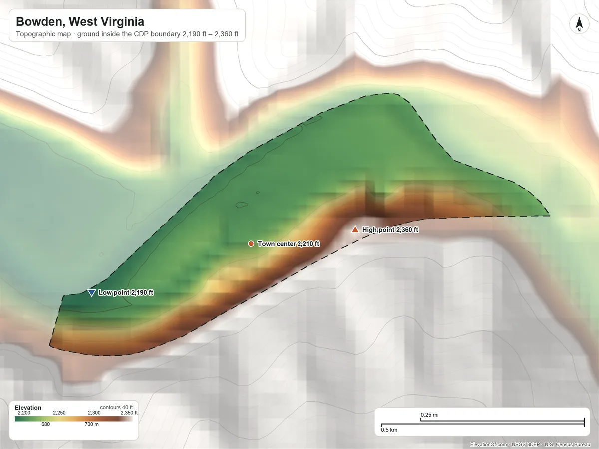 Topographic elevation map of Bowden, West Virginia, shaded from 2,190 ft on the west side to 2,360 ft at the foot of the Backbone Mountain