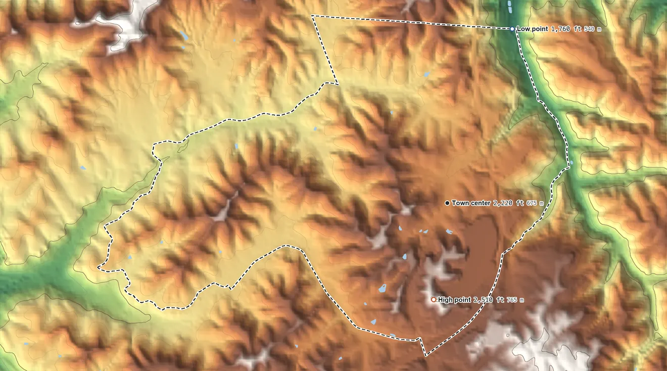 Topographic elevation map of Bradley, West Virginia, shaded from 1,760 ft on the north side to 2,510 ft on the south side
