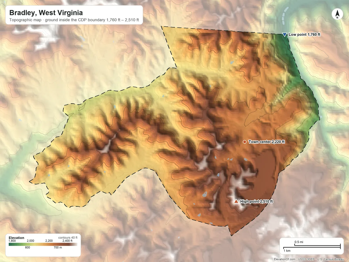 Topographic elevation map of Bradley, West Virginia, shaded from 1,760 ft on the north side to 2,510 ft on the south side