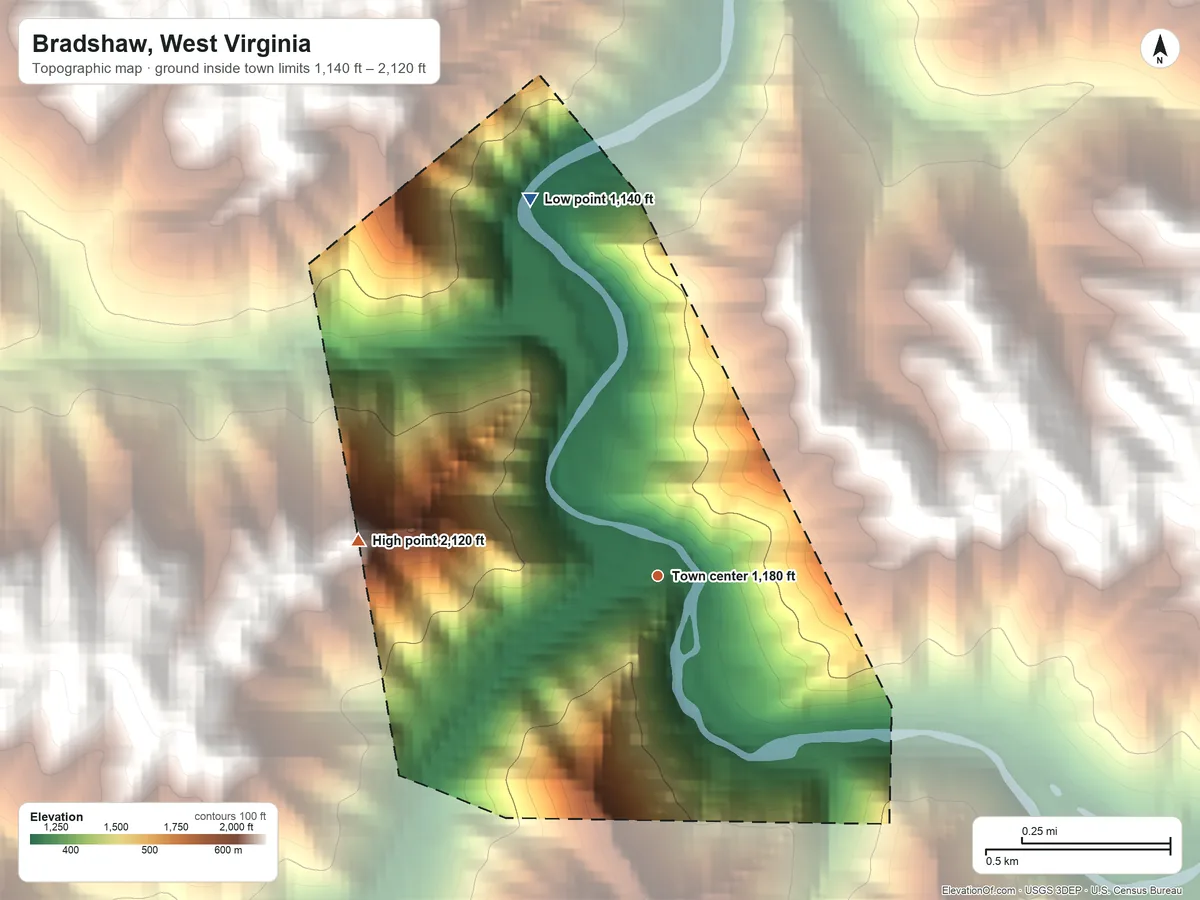 Topographic elevation map of Bradshaw, West Virginia, shaded from 1,140 ft on the north side to 2,120 ft on the west side