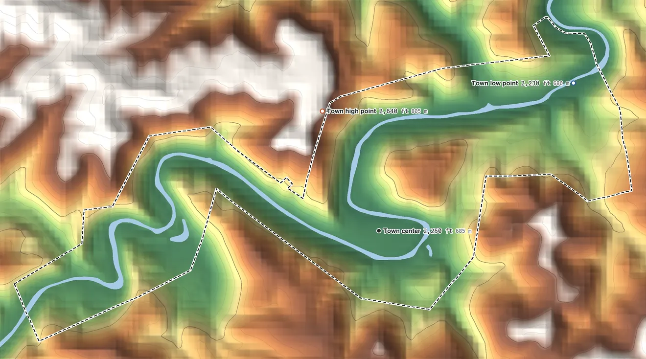 Topographic elevation map of Bramwell, West Virginia, shaded from 2,230 ft on the northeast side to 2,640 ft on the northwest edge, below higher ground just outside